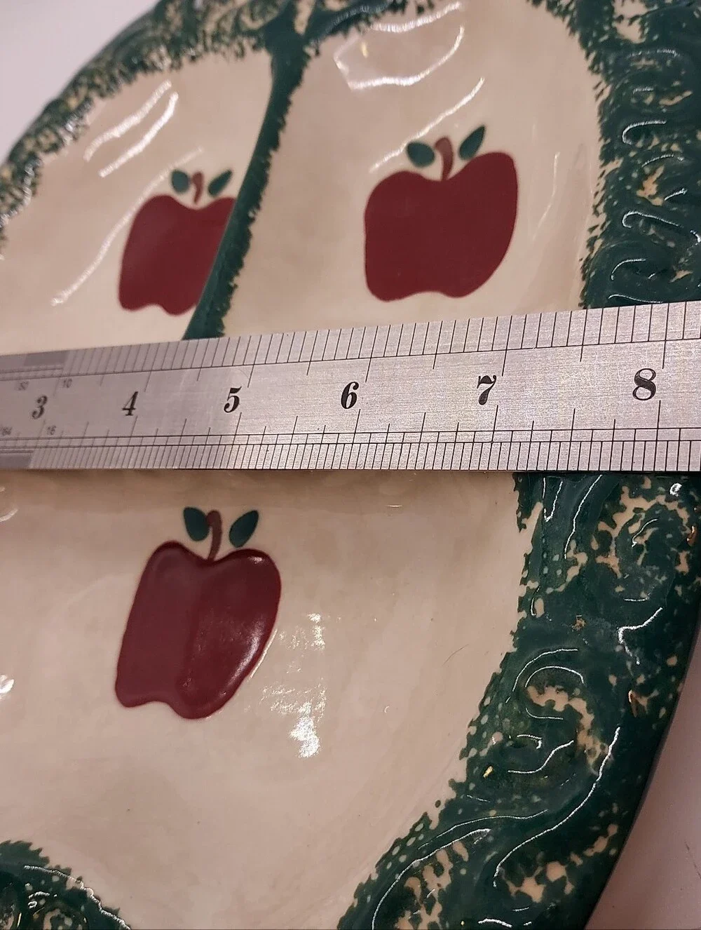 Vintage Green Stoneware Apple Sponeware 3-Part Divided Relish Tray Dish